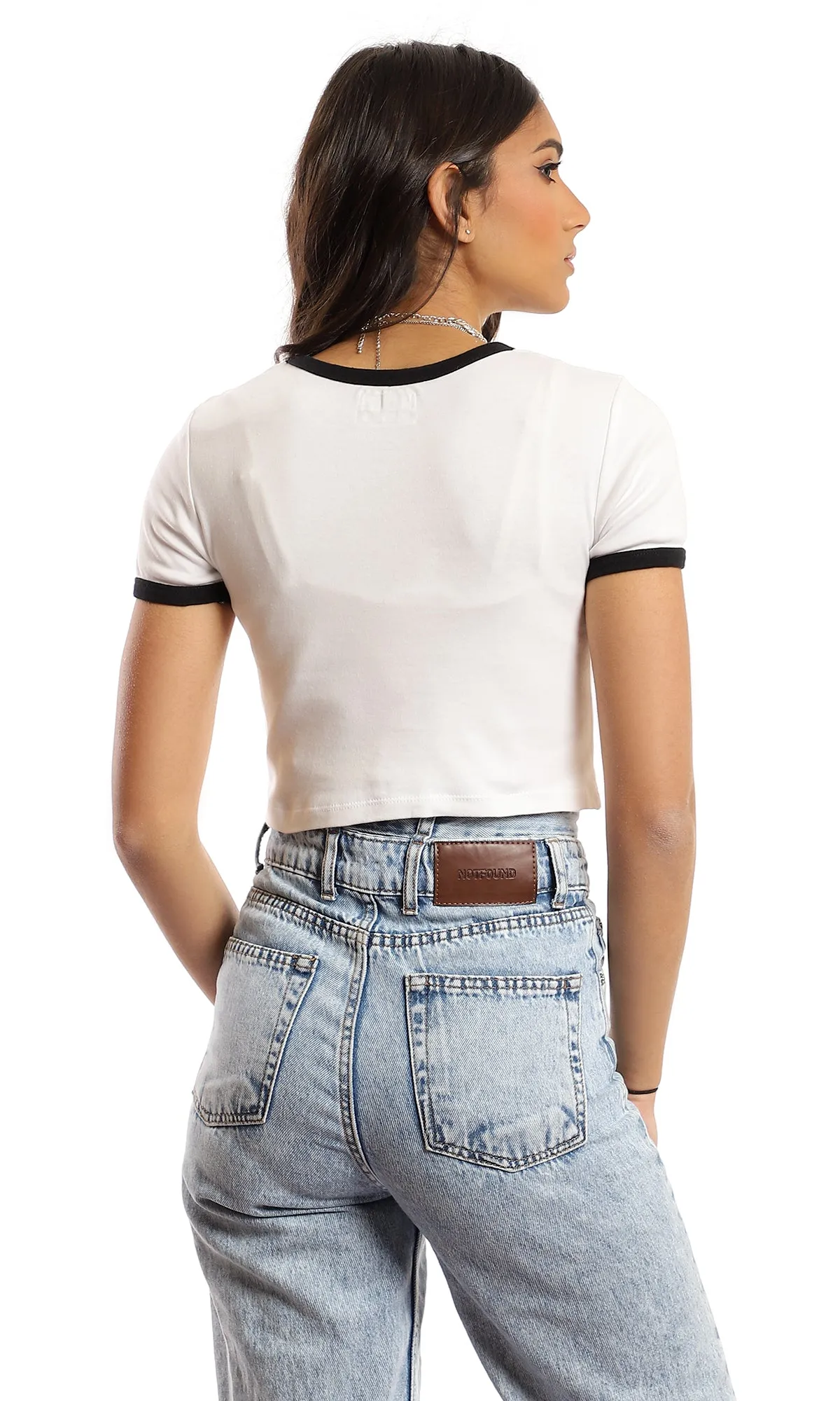 97247 Side Printed Cotton Cropped Slip On T-Shirt - Off White