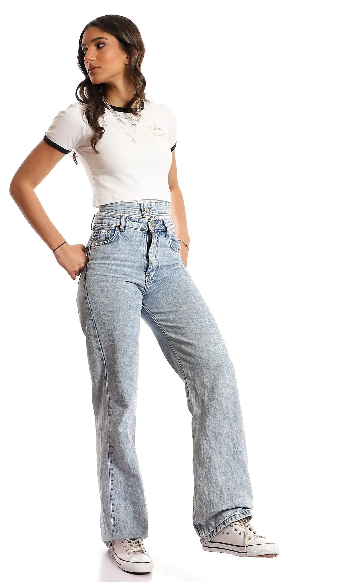 97247 Side Printed Cotton Cropped Slip On T-Shirt - Off White