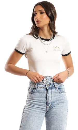 97247 Side Printed Cotton Cropped Slip On T-Shirt - Off White