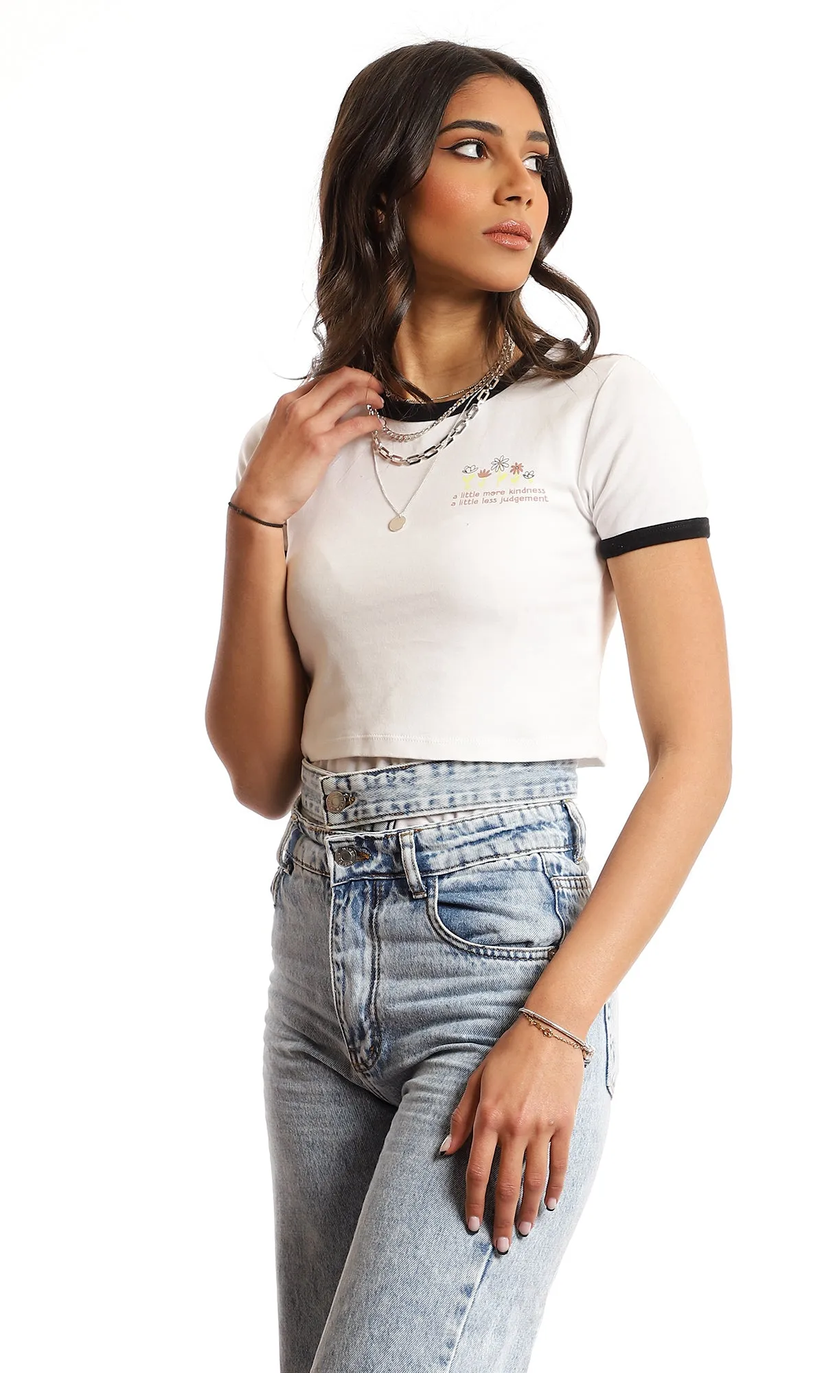 97247 Side Printed Cotton Cropped Slip On T-Shirt - Off White