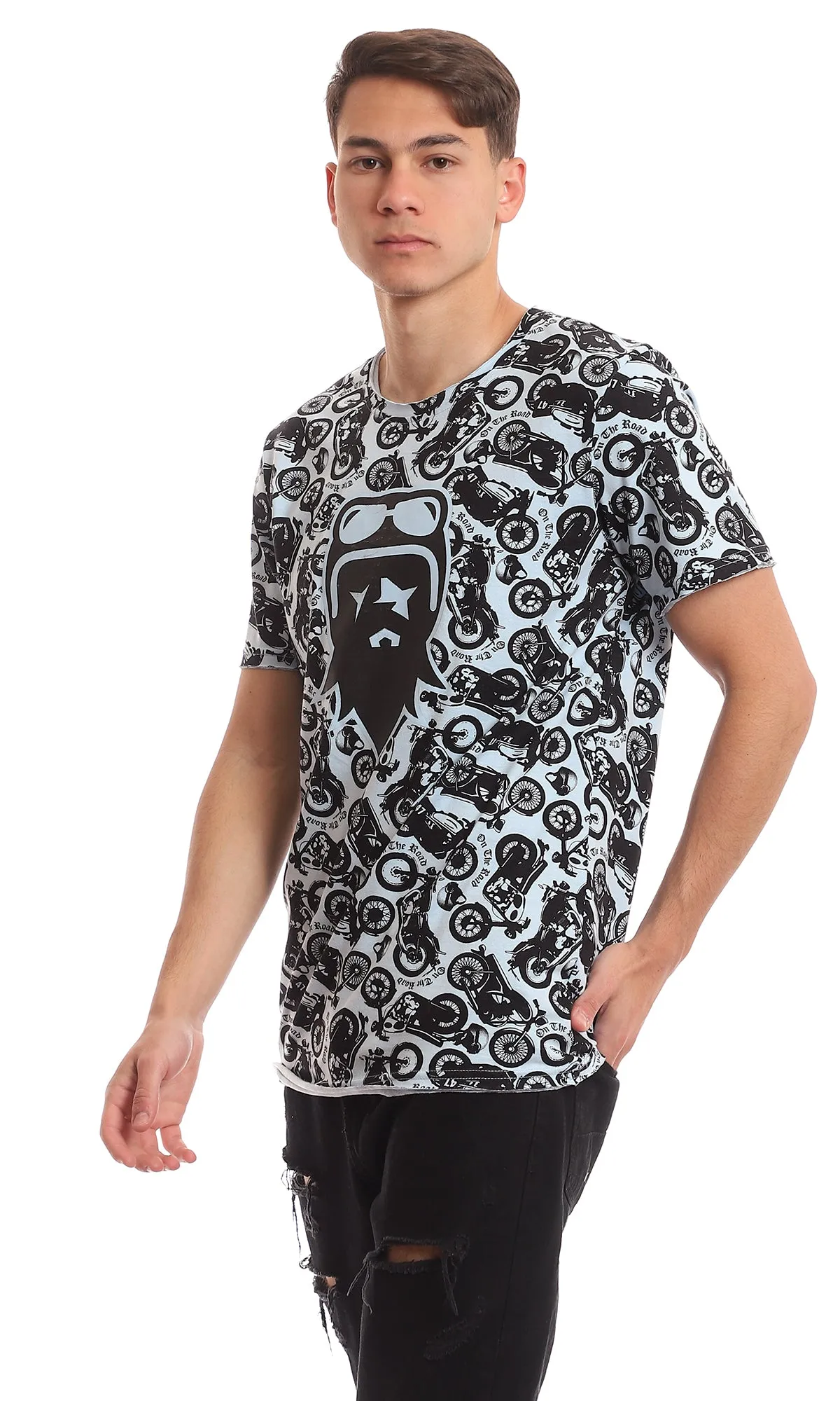 97365 "On The Road" Tri-Tone Printed Tee - Baby Blue & Black