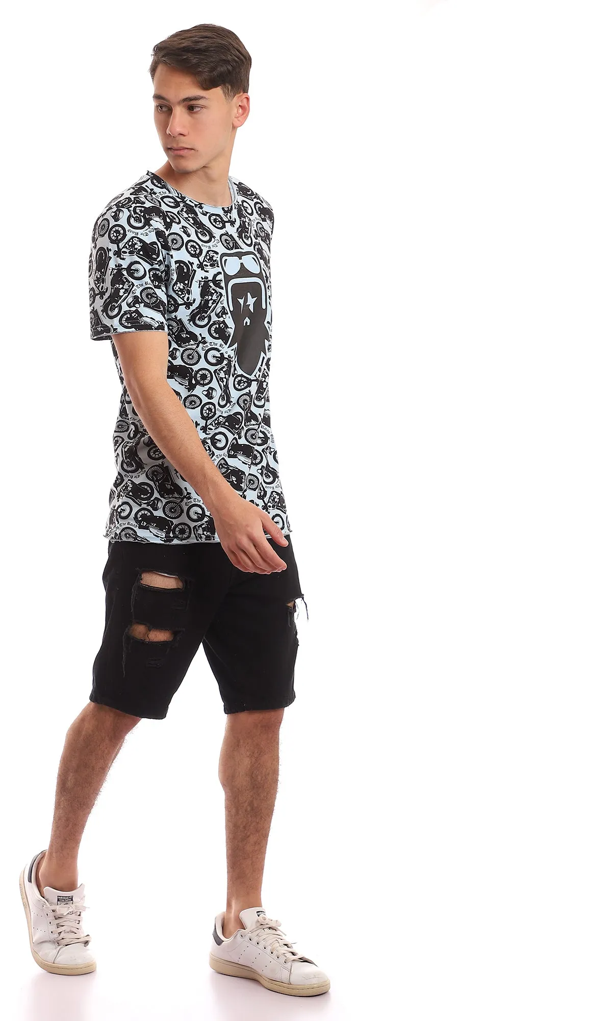 97365 "On The Road" Tri-Tone Printed Tee - Baby Blue & Black