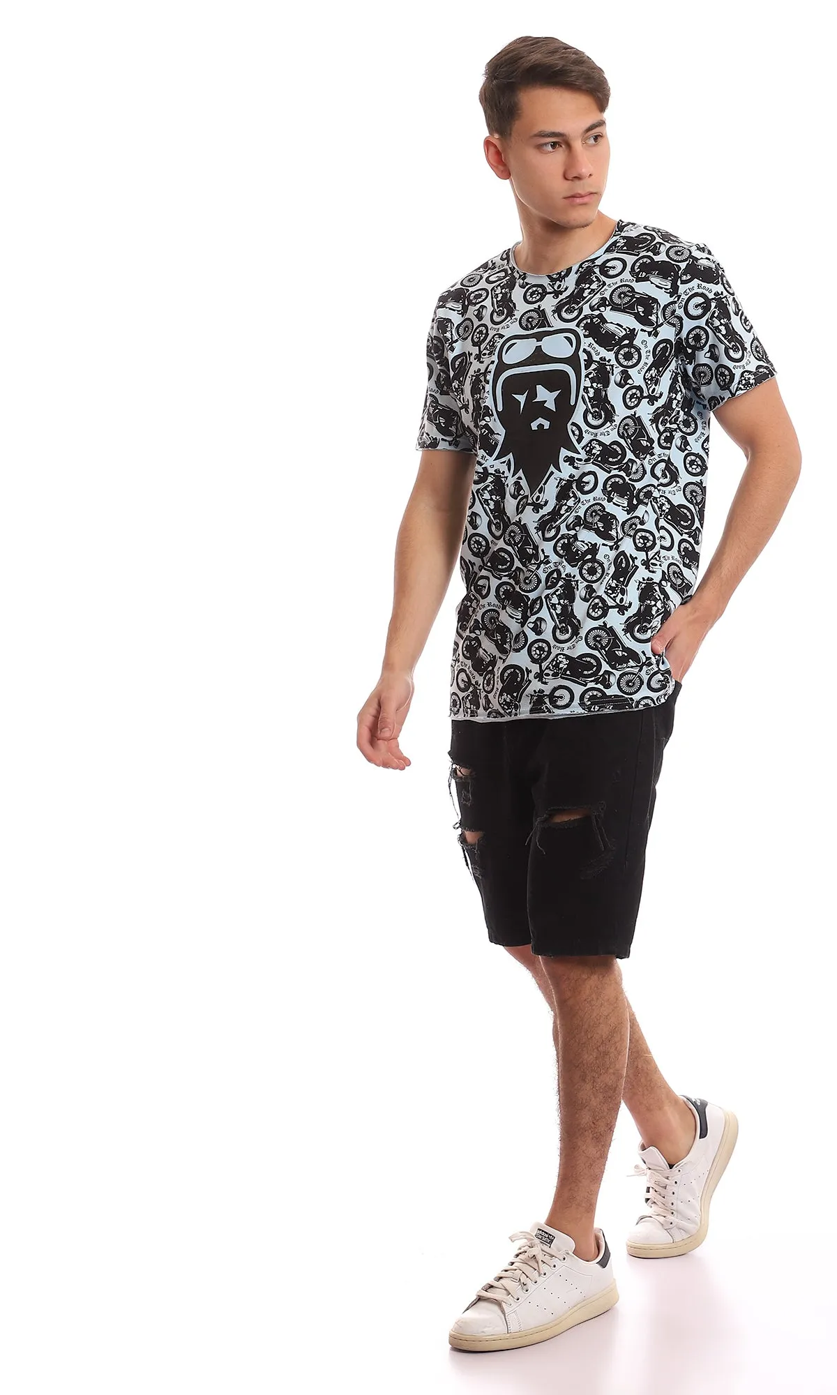 97365 "On The Road" Tri-Tone Printed Tee - Baby Blue & Black