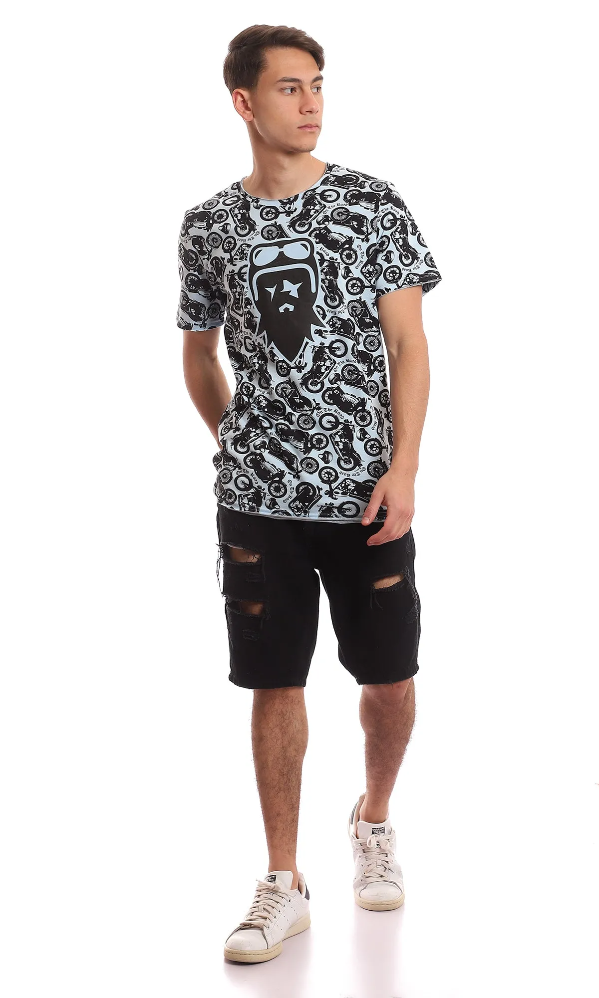 97365 "On The Road" Tri-Tone Printed Tee - Baby Blue & Black