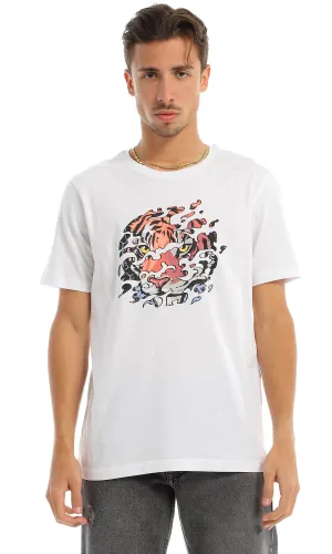 97417 Front Tiger & Back Printing White Short Sleeves T-Shirt