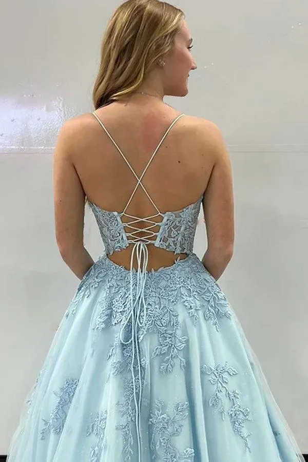 A-Line Spaghetti Straps Corset Back long Prom Dress With Appliques  PSK435