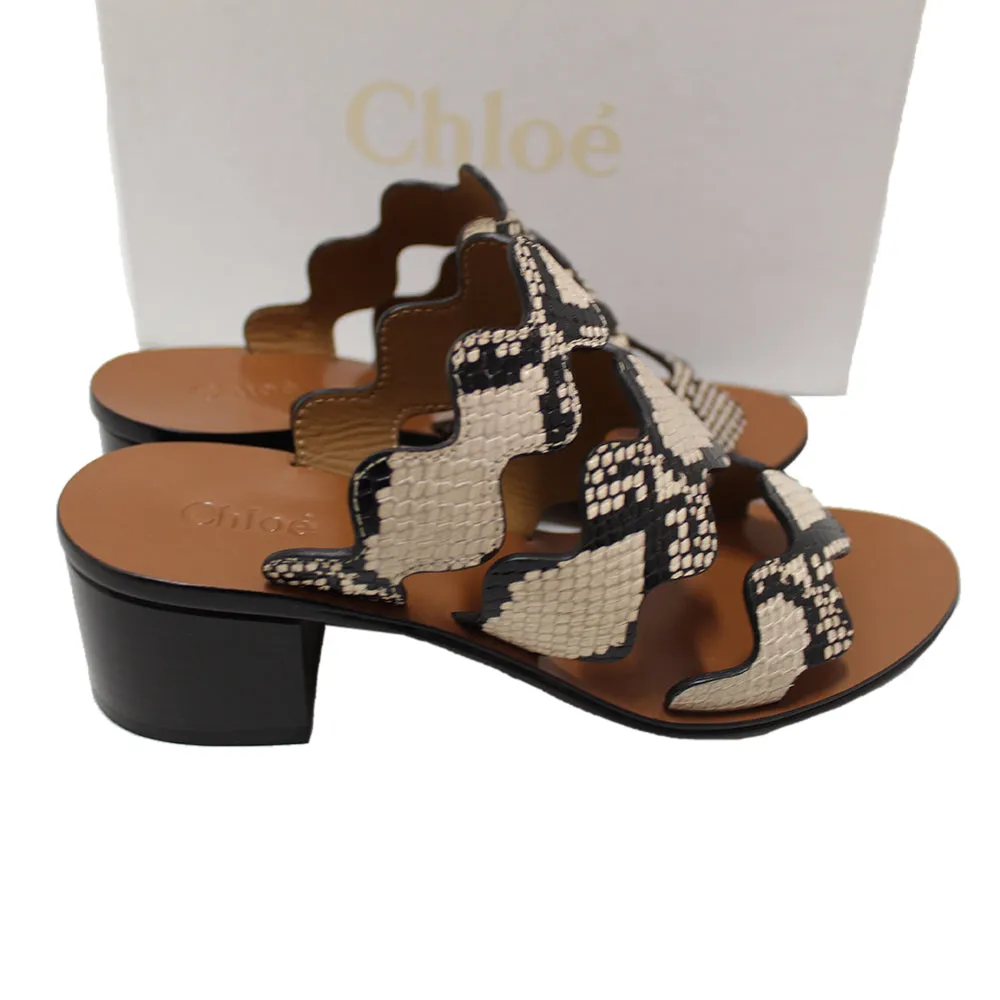 Authentic New Chloe Eternal Grey Leather Scalloped Tripstraps Chunky Heels Sandals CH28651 Size 37