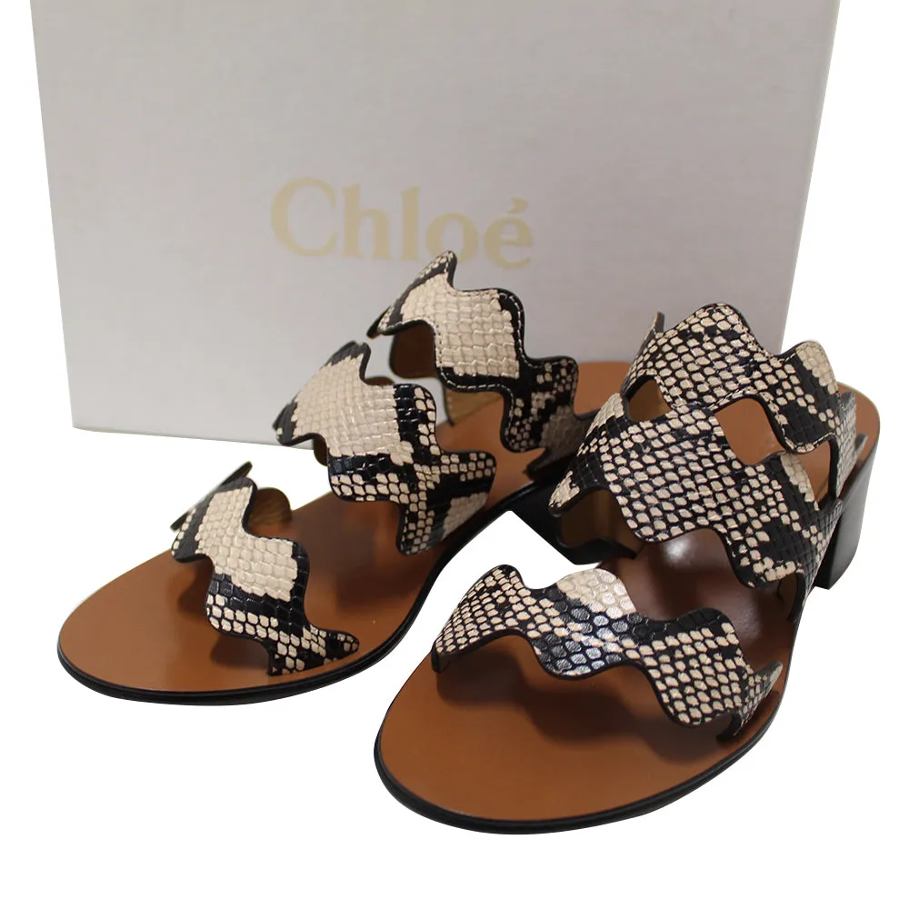 Authentic New Chloe Eternal Grey Leather Scalloped Tripstraps Chunky Heels Sandals CH28651 Size 37