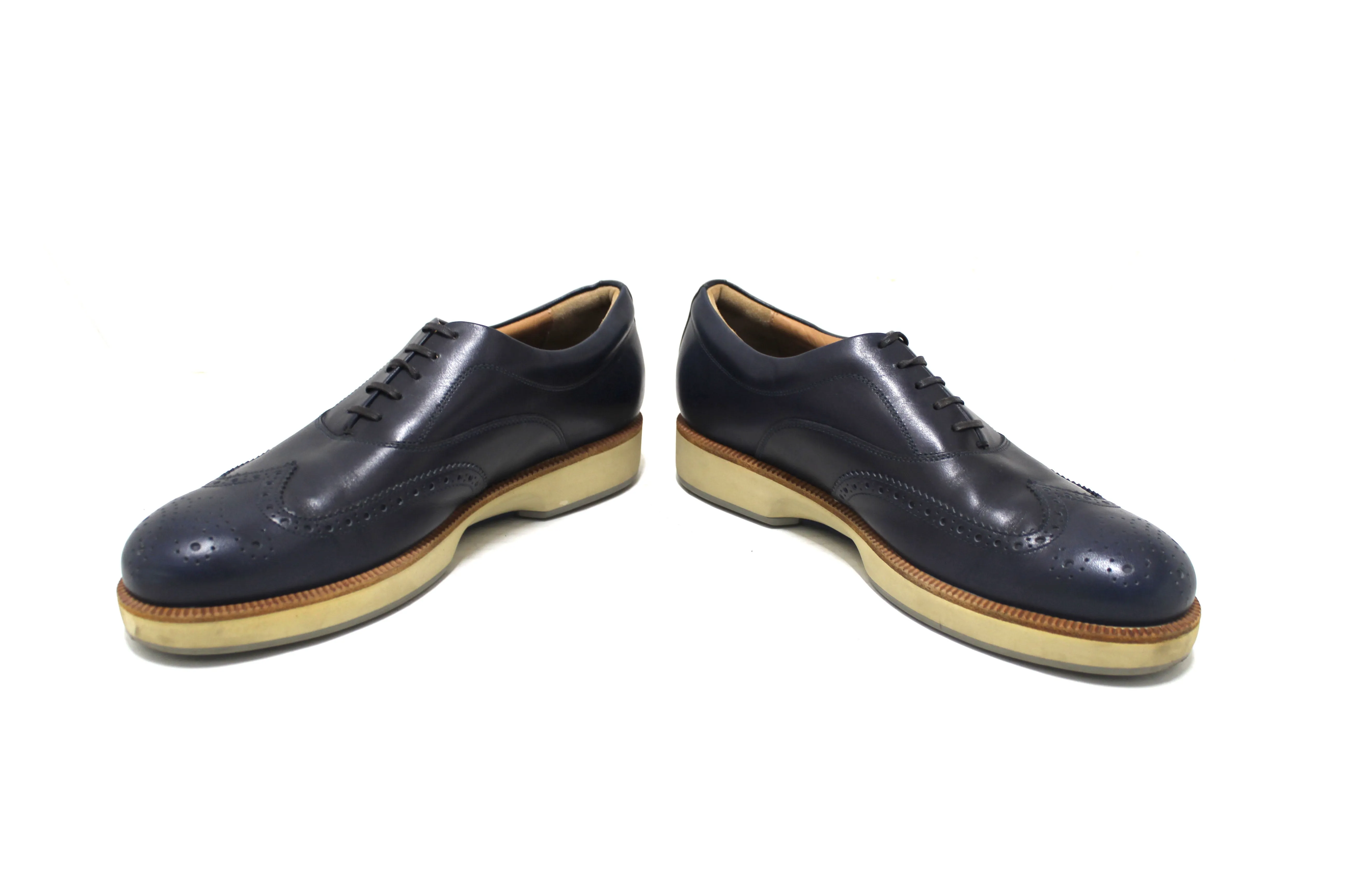 Authentic Salvatore Ferrgamo Men's Blue Calf Leather Wingtip Brogue Shoes size 8.5