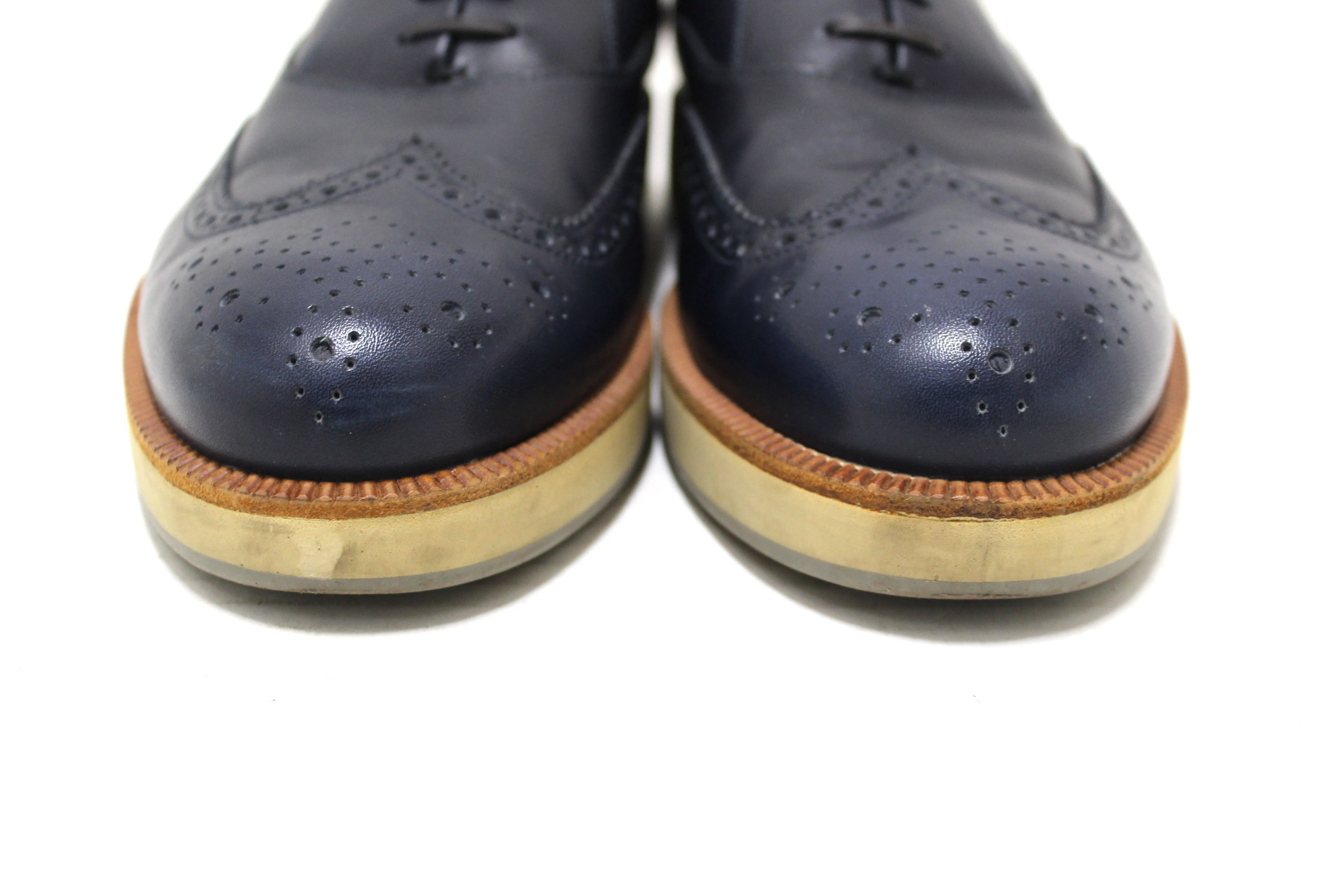 Authentic Salvatore Ferrgamo Men's Blue Calf Leather Wingtip Brogue Shoes size 8.5