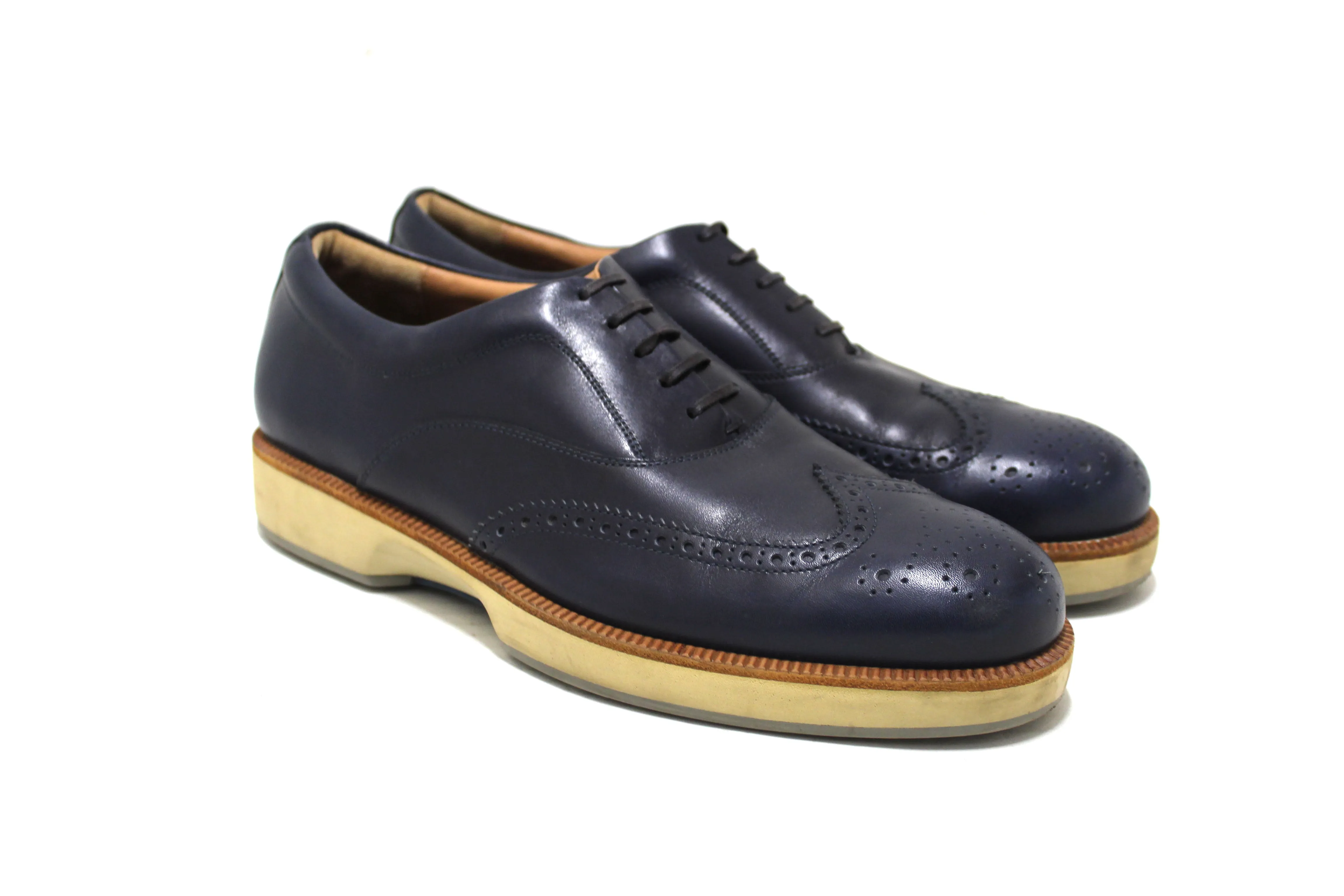 Authentic Salvatore Ferrgamo Men's Blue Calf Leather Wingtip Brogue Shoes size 8.5
