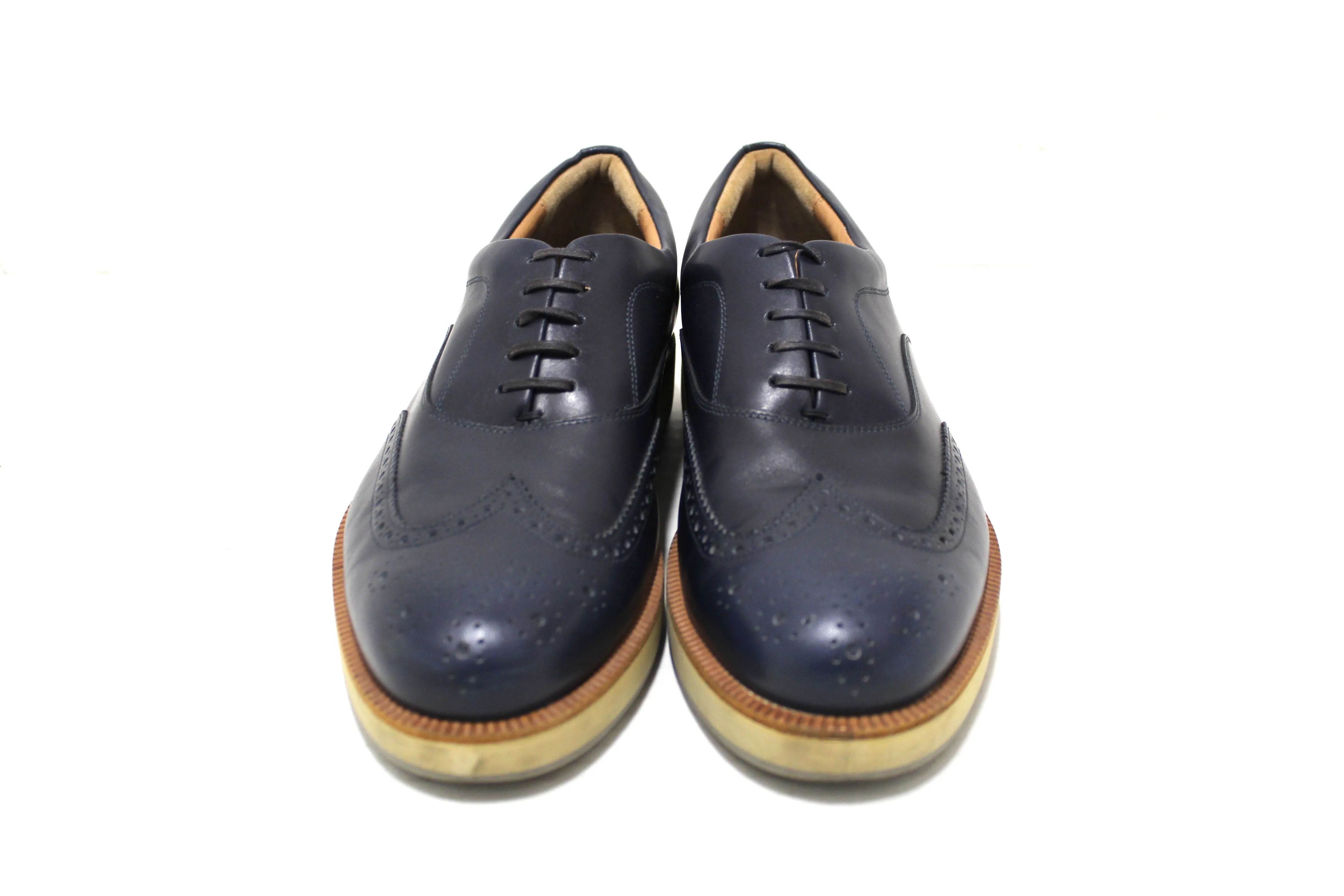 Authentic Salvatore Ferrgamo Men's Blue Calf Leather Wingtip Brogue Shoes size 8.5