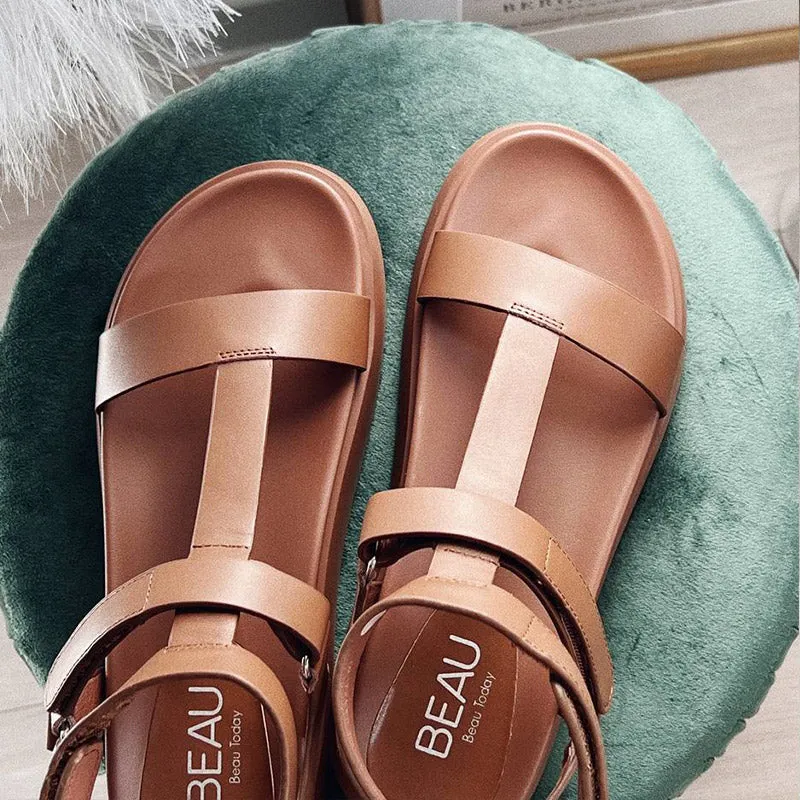 BeauToday Leather T-bar Platform Gladiator Sandals with Open Toe for Women