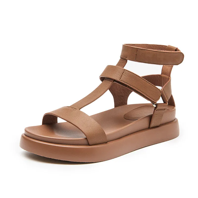 BeauToday Leather T-bar Platform Gladiator Sandals with Open Toe for Women