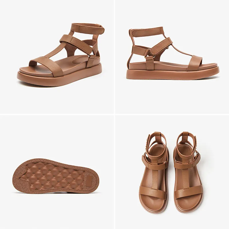 BeauToday Leather T-bar Platform Gladiator Sandals with Open Toe for Women