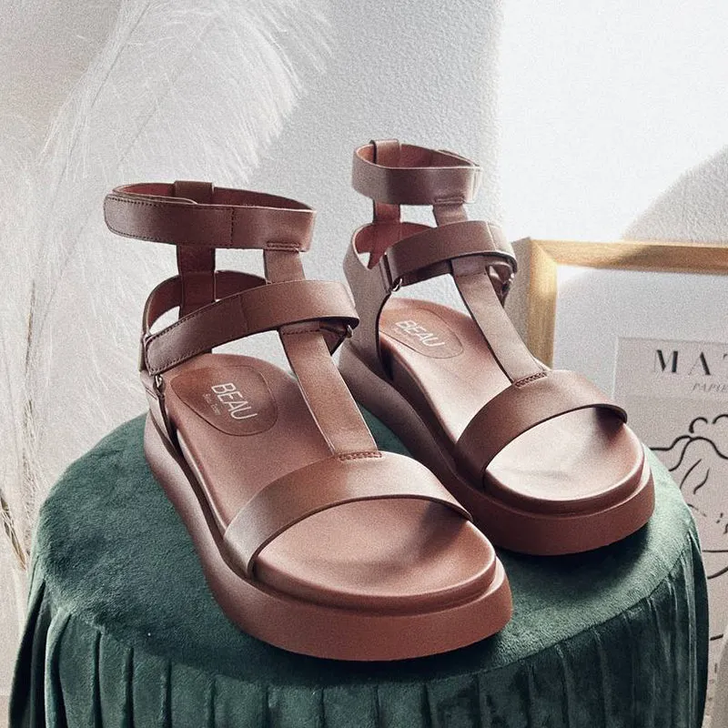 BeauToday Leather T-bar Platform Gladiator Sandals with Open Toe for Women