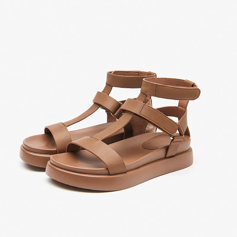 BeauToday Leather T-bar Platform Gladiator Sandals with Open Toe for Women