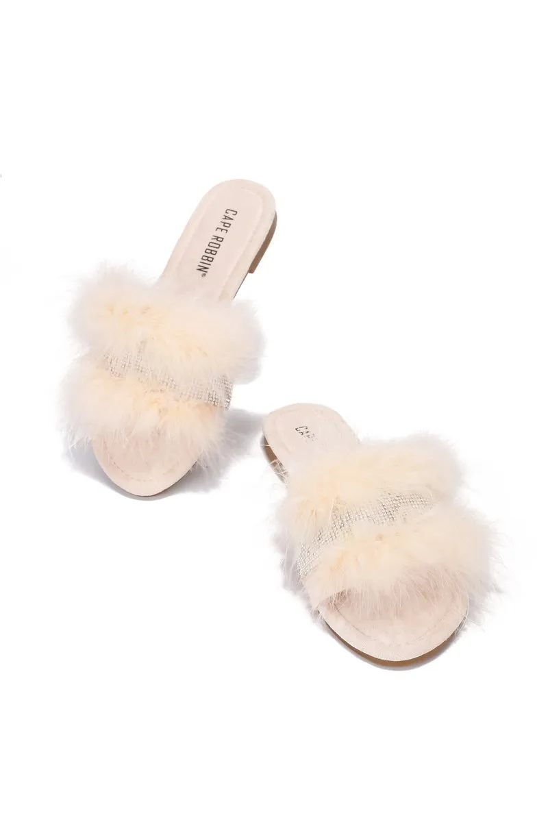 Cape Robbin Easter Nude Slip On Slide Mule Casual Slippers Furry Feather Sandals
