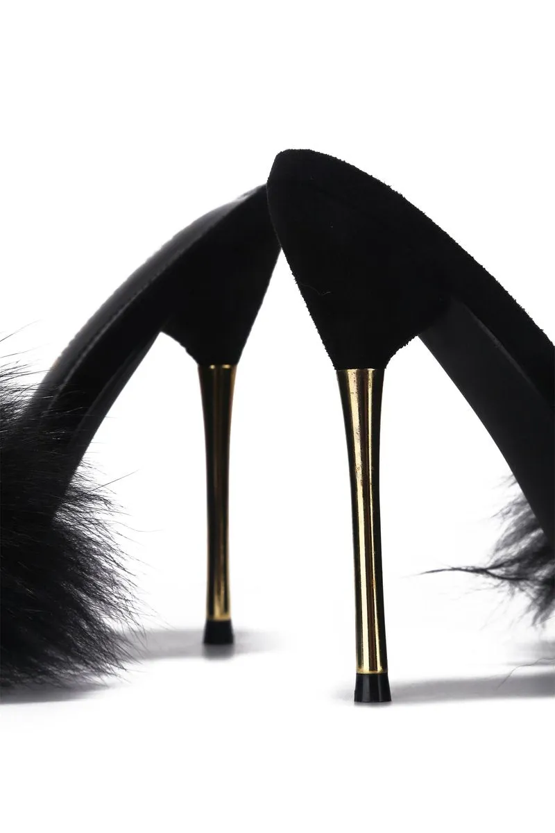 Cape robbin Fuji Black Fur Sexy Open Pointy Toe Stiletto Mule Sandal (8, Black)