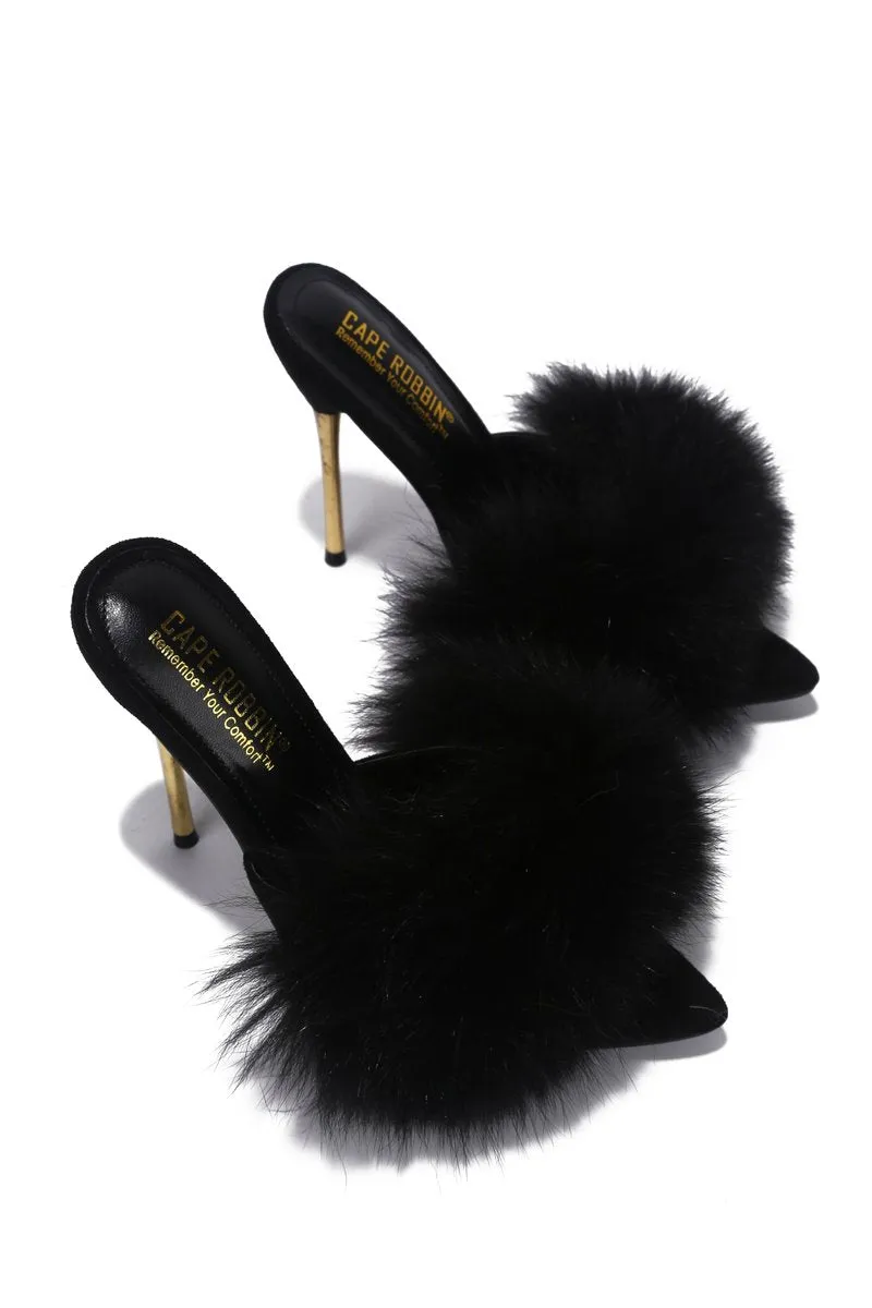 Cape robbin Fuji Black Fur Sexy Open Pointy Toe Stiletto Mule Sandal (8, Black)