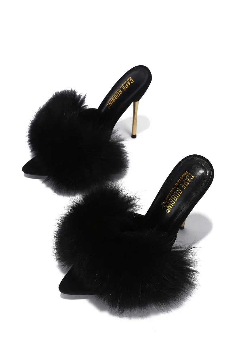Cape robbin Fuji Black Fur Sexy Open Pointy Toe Stiletto Mule Sandal (8, Black)