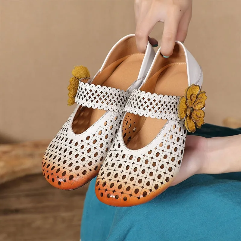 Comfy Genuine Leather Flats Women Mary Jane Slip On Walking Flats in Beige/Purple