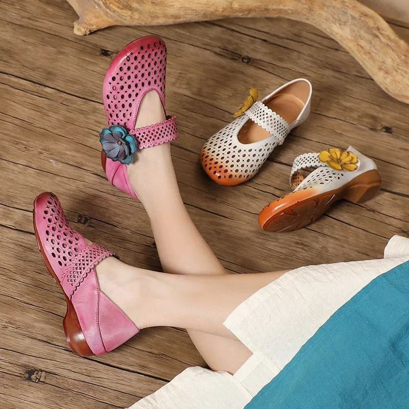 Comfy Genuine Leather Flats Women Mary Jane Slip On Walking Flats in Beige/Purple