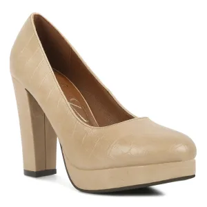 Croc Texture High Block Heel Pumps