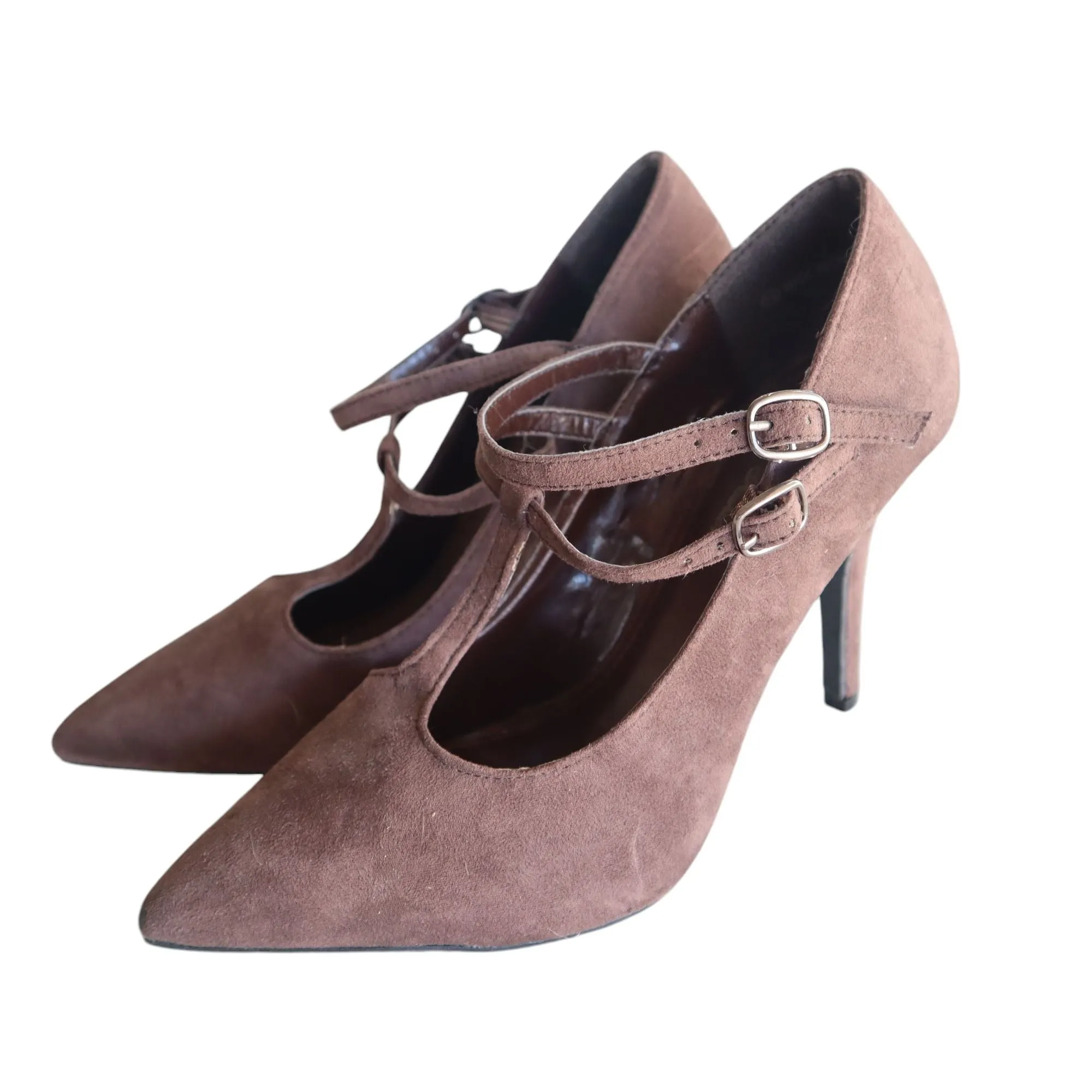DbBk Fashion Brown Suede Pointed-Toe Mary Jane Pumps Size 7.5