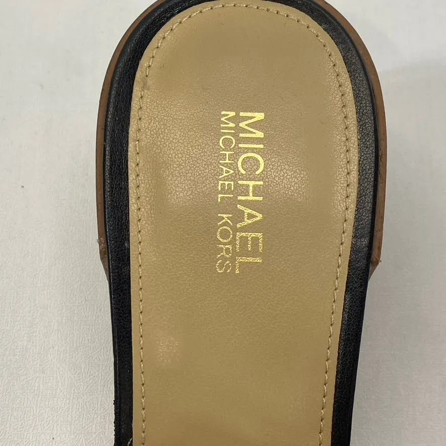 MICHAEL MICHAEL KORS Women's Black Leather Gold-Chain Link Block-Heel Sandal SZ8