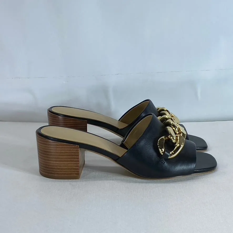 MICHAEL MICHAEL KORS Women's Black Leather Gold-Chain Link Block-Heel Sandal SZ8