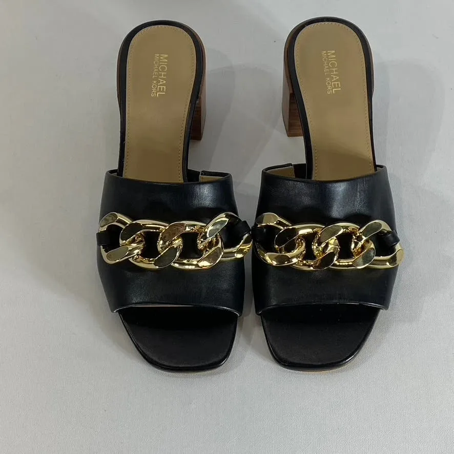 MICHAEL MICHAEL KORS Women's Black Leather Gold-Chain Link Block-Heel Sandal SZ8