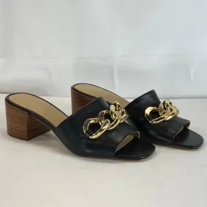 MICHAEL MICHAEL KORS Women's Black Leather Gold-Chain Link Block-Heel Sandal SZ8