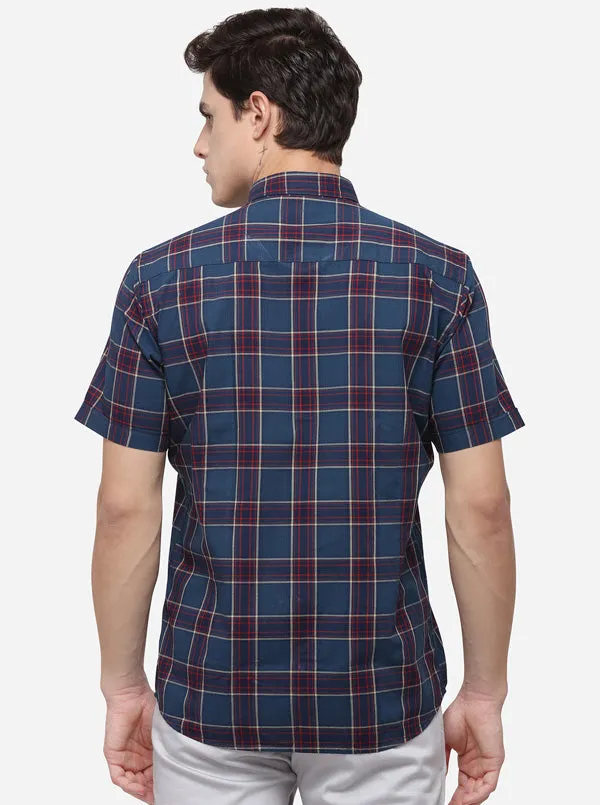 Navy Blue Tailored Fit Checked Casual Shirt | JadeBlue