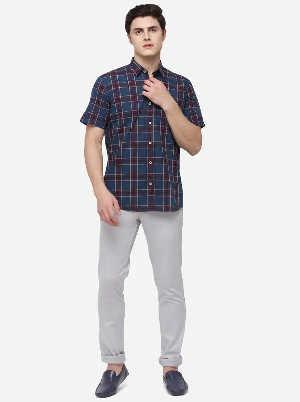 Navy Blue Tailored Fit Checked Casual Shirt | JadeBlue