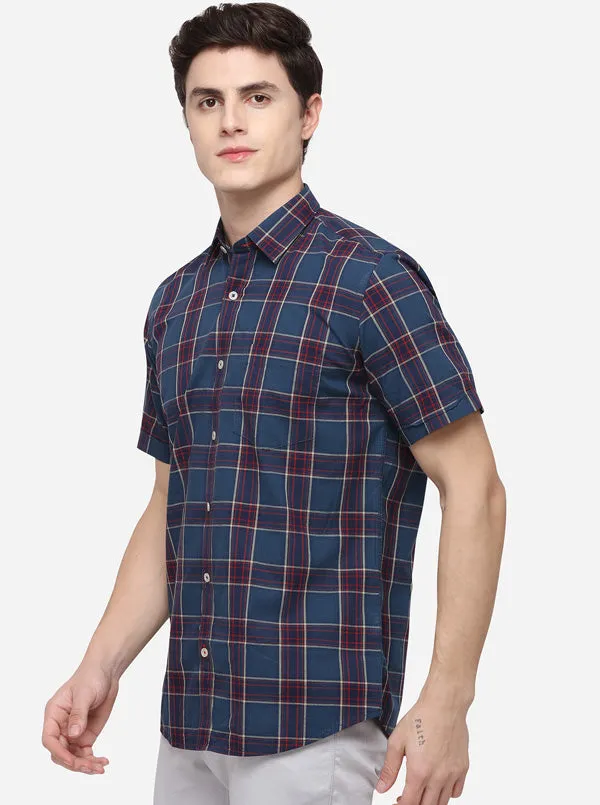 Navy Blue Tailored Fit Checked Casual Shirt | JadeBlue