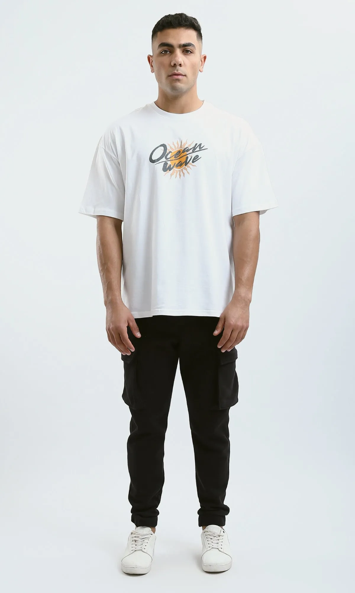 O182209 "Ocean Wave" Elbow Sleeves Printed White Tee