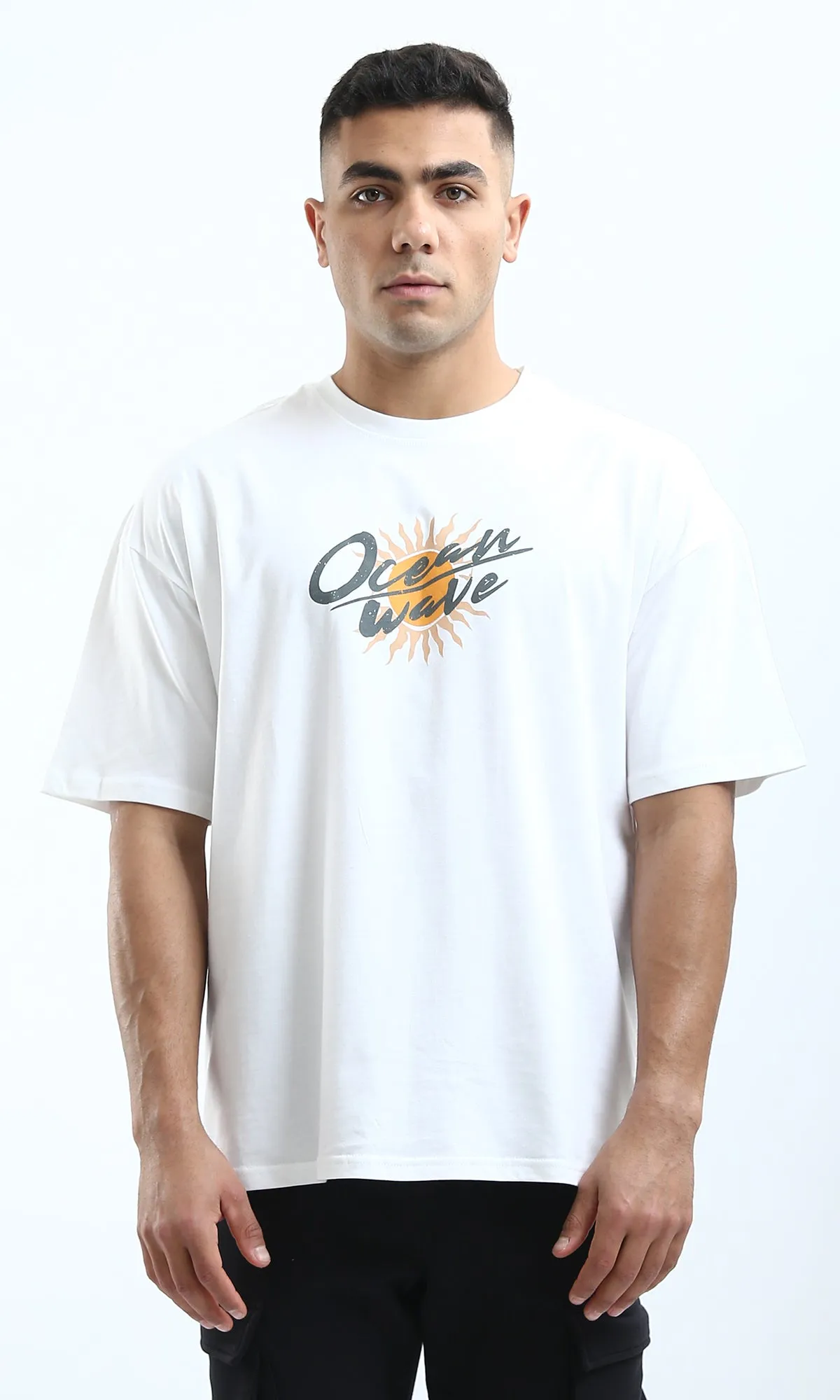 O182209 "Ocean Wave" Elbow Sleeves Printed White Tee