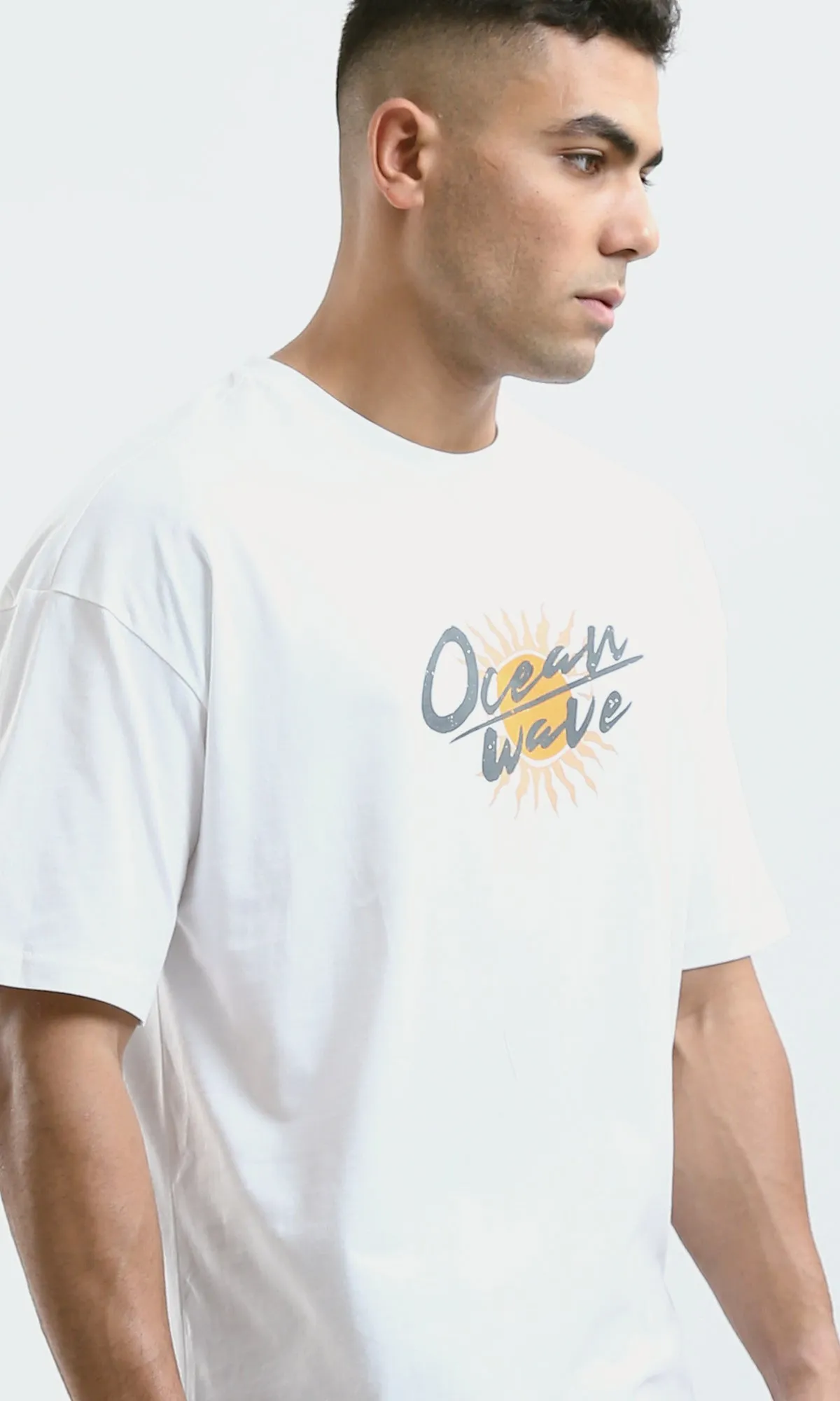 O182209 "Ocean Wave" Elbow Sleeves Printed White Tee