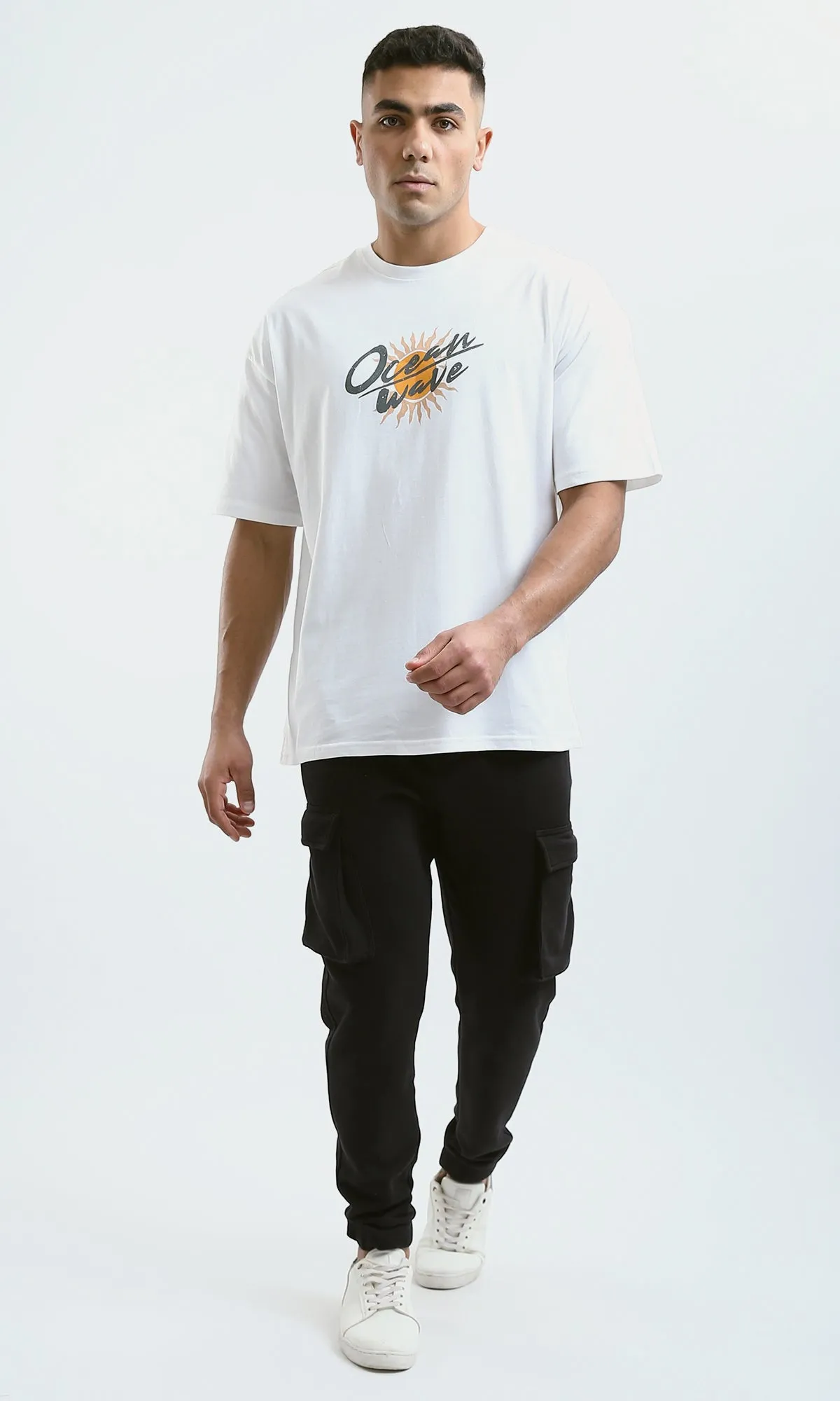 O182209 "Ocean Wave" Elbow Sleeves Printed White Tee