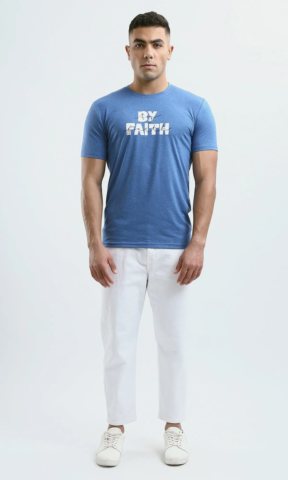 O182406 "By Faith" Printed Cotton Tee - Heather Steel Blue