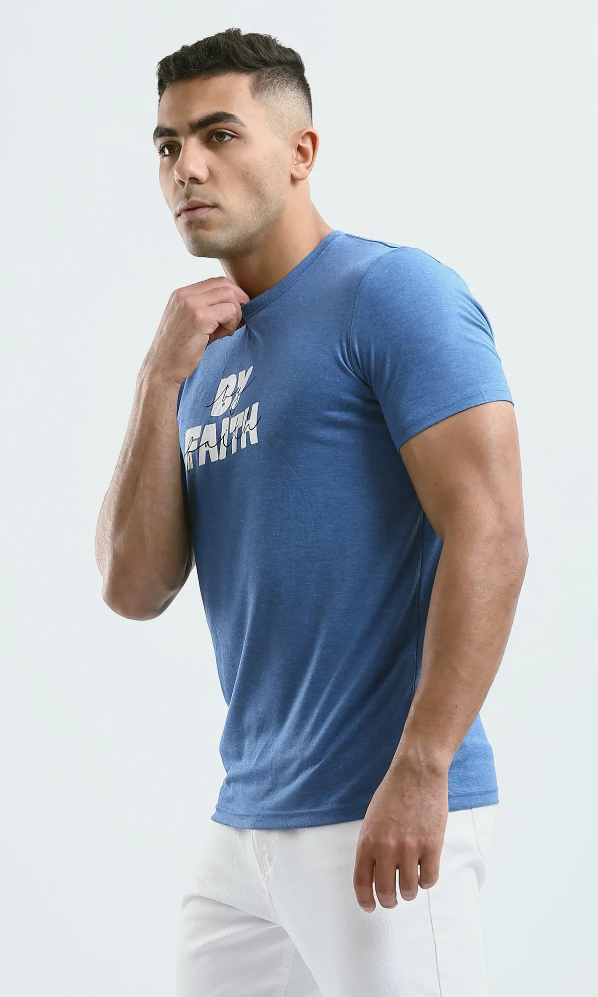 O182406 "By Faith" Printed Cotton Tee - Heather Steel Blue