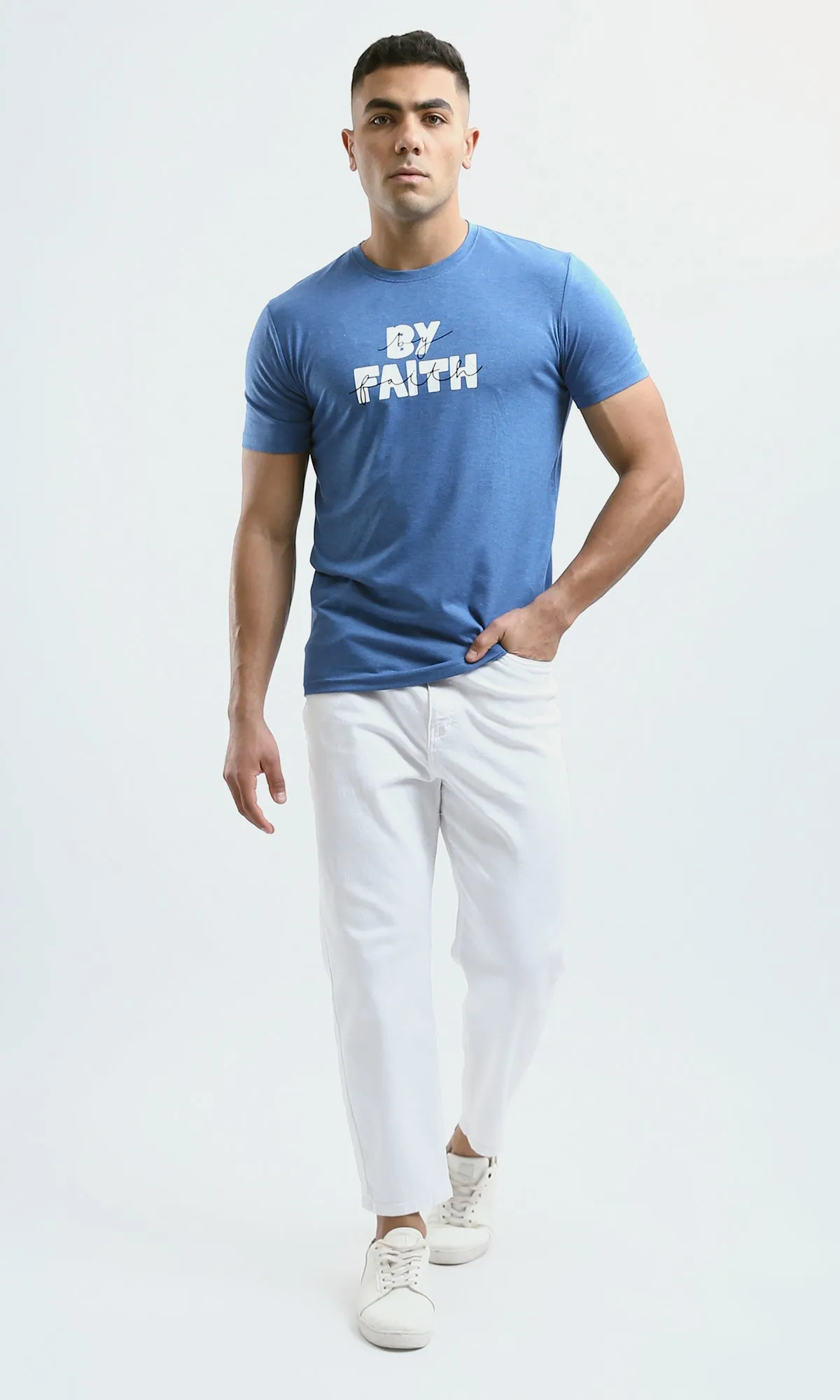 O182406 "By Faith" Printed Cotton Tee - Heather Steel Blue