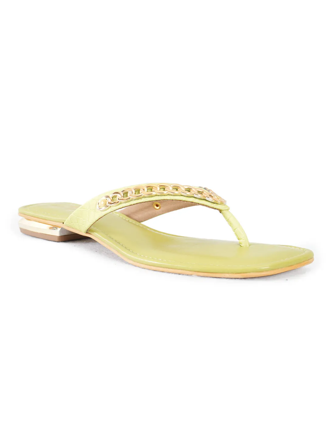 PELLE ALBERO Women Green Embellished Slip-On Flat Flats Sandals