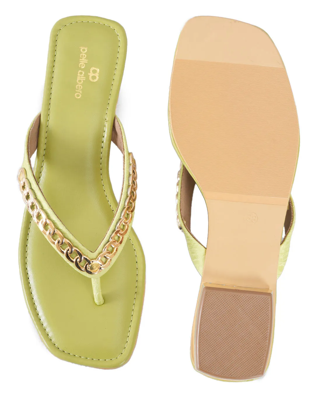 PELLE ALBERO Women Green Embellished Slip-On Flat Flats Sandals