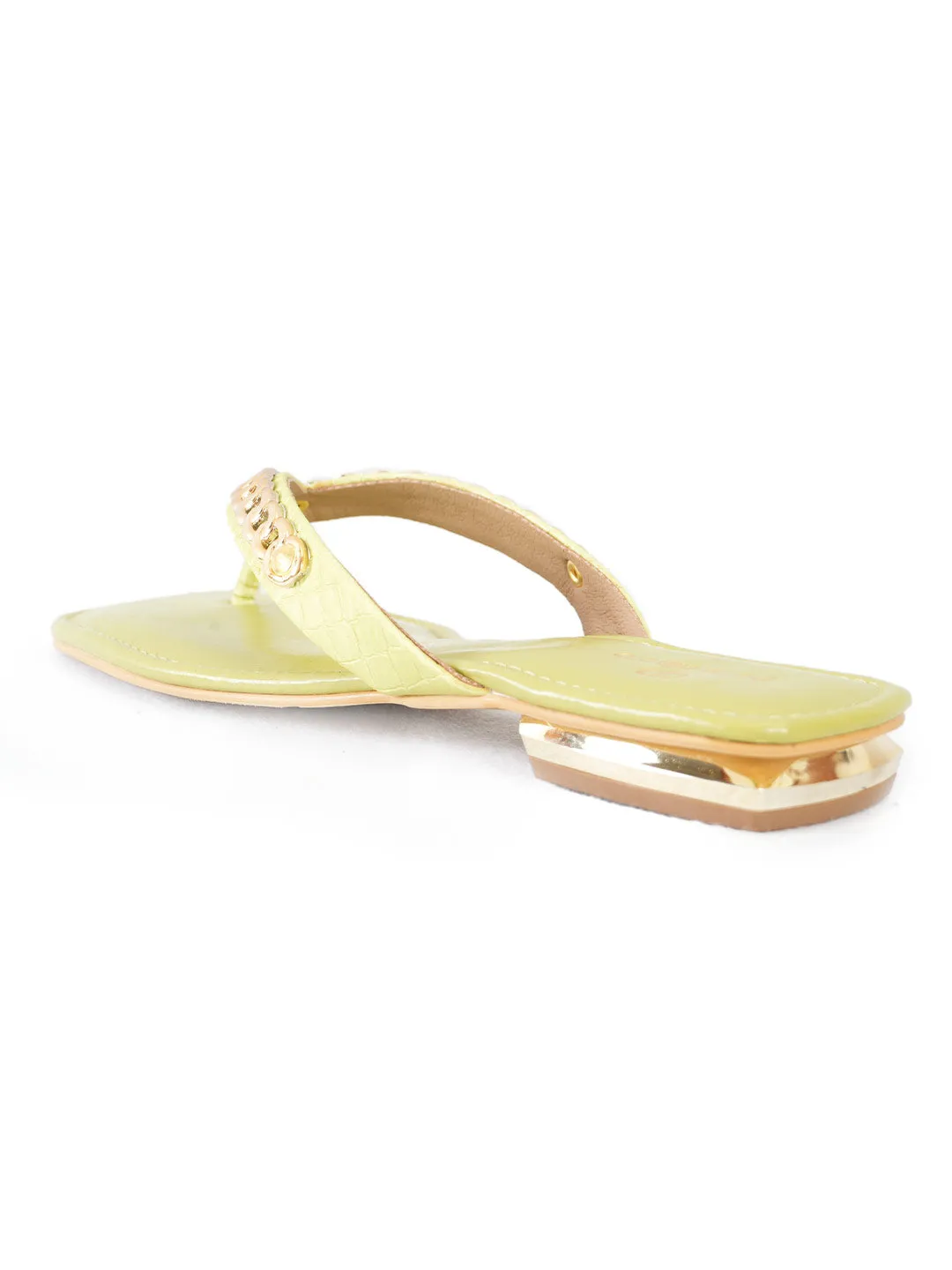 PELLE ALBERO Women Green Embellished Slip-On Flat Flats Sandals