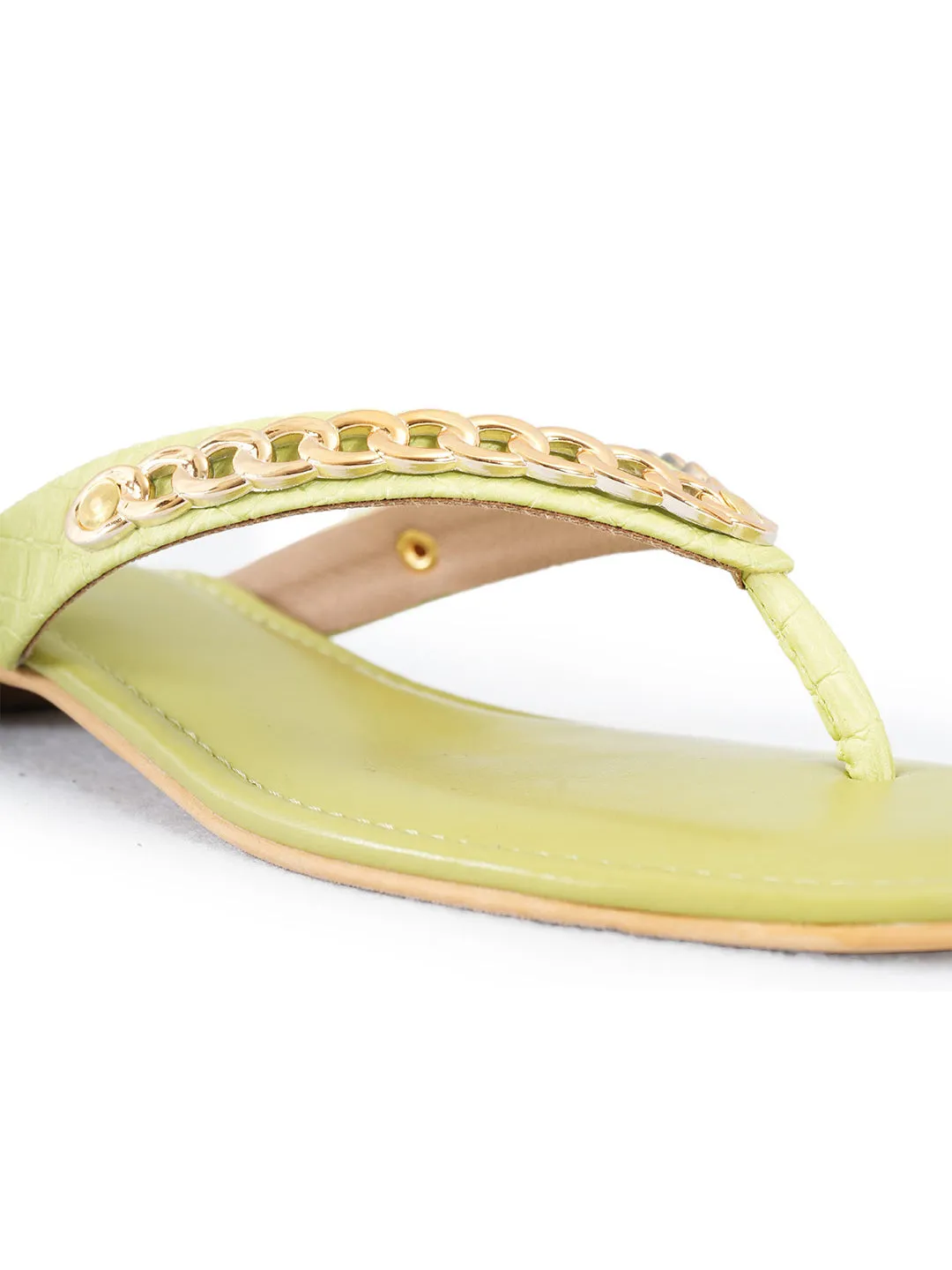 PELLE ALBERO Women Green Embellished Slip-On Flat Flats Sandals