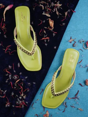 PELLE ALBERO Women Green Embellished Slip-On Flat Flats Sandals