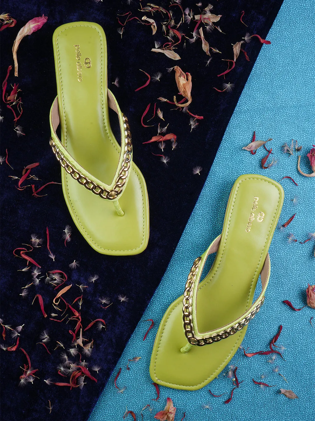 PELLE ALBERO Women Green Embellished Slip-On Flat Flats Sandals
