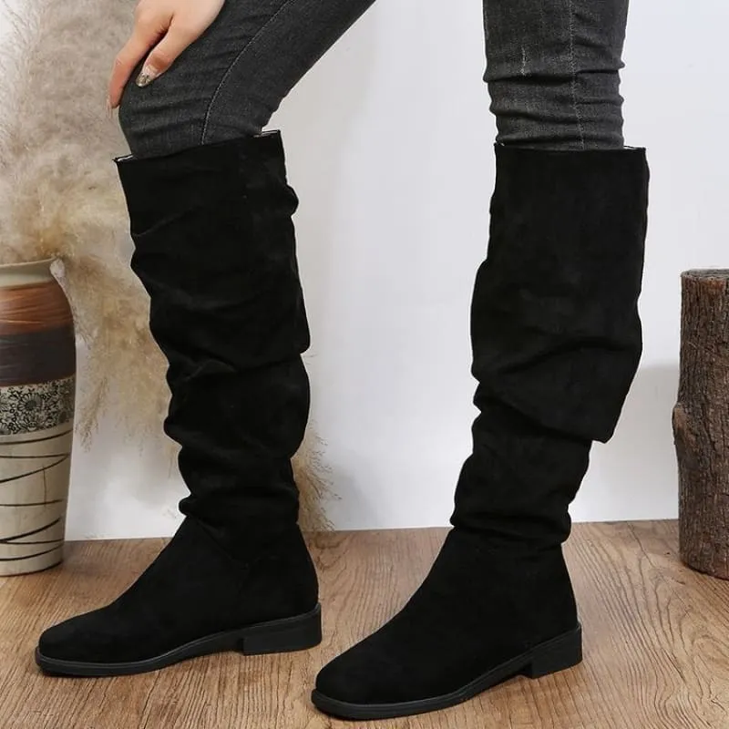 Slouchy Faux Suede Knee High Boots in Beige and Black